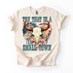 Jason Aldean Small Town T-Shirt Cow Skull Country Music Floral Women's Tee Gift